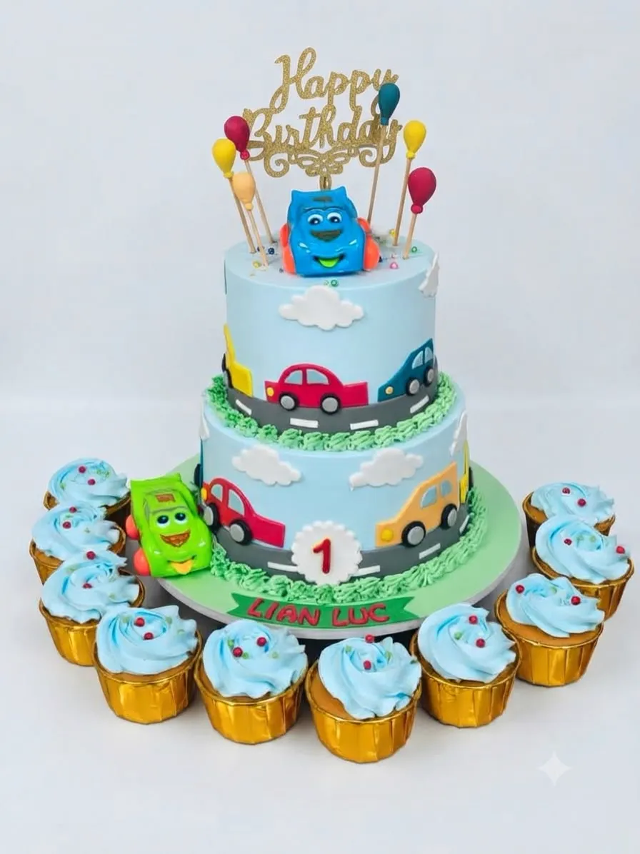 Two-tier car theme first birthday cake with matching cupcakes