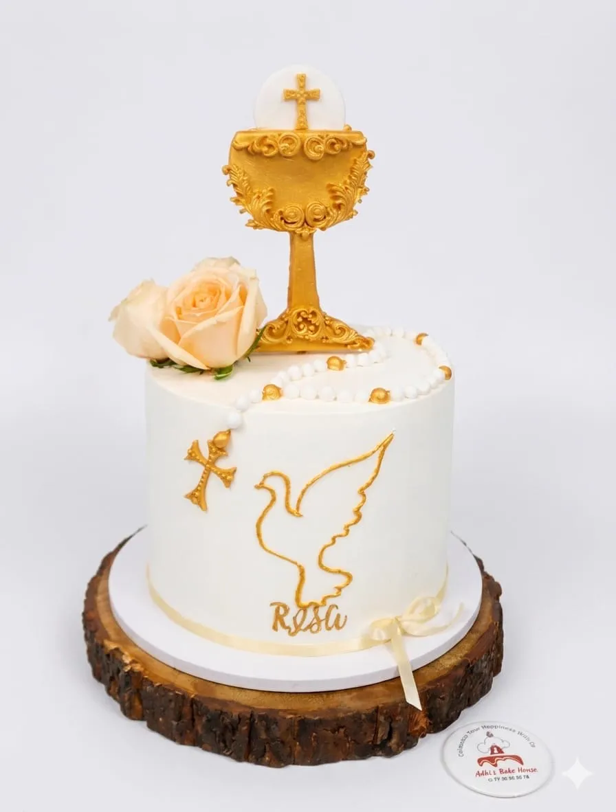 White and gold First Communion cake with a chalice and a dove
