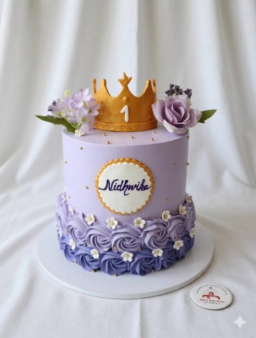 Lavender first birthday cake with a gold crown and rosettes
