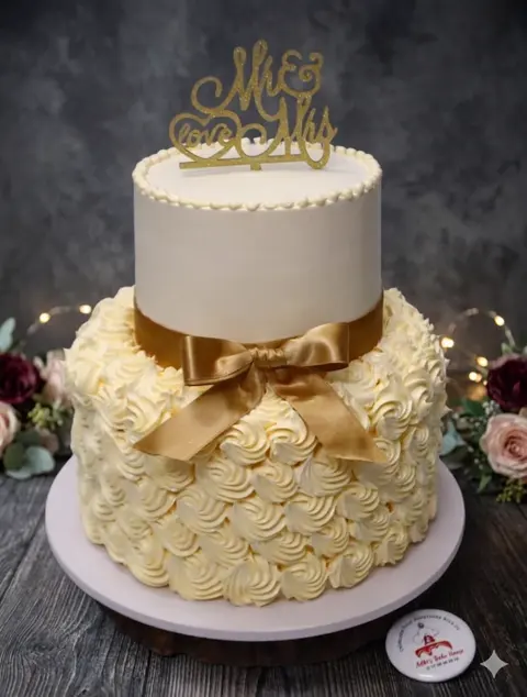 Two-tier wedding cake with buttercream rosettes, a gold bow and a Mr & Mrs topper