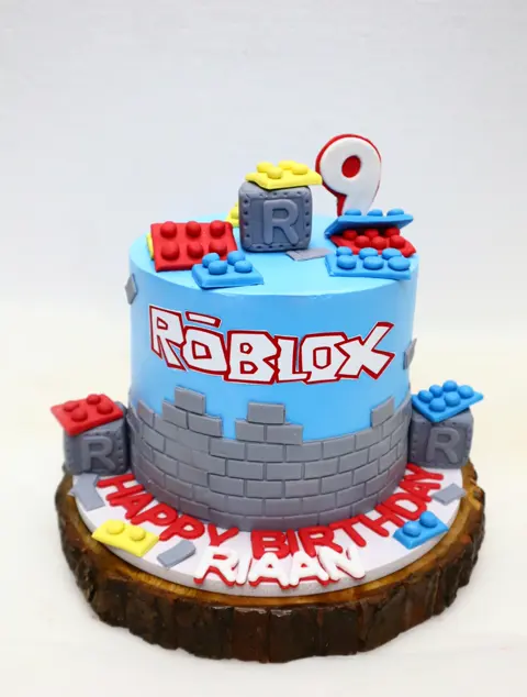 Roblox theme 9th birthday cake with block toppers