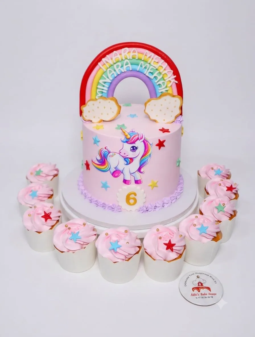 Pink unicorn cake with a rainbow topper and star cupcakes